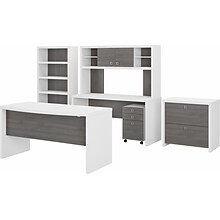 Bush Business Furniture Echo 60W Bow Front Desk, Credenza w/ Hutch, Bookcase and File Cab, Pure Whi