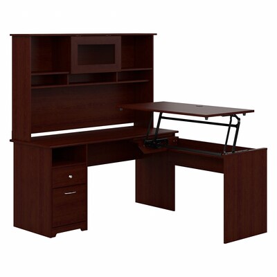 Bush Furniture Cabot 60W 3 Position L Shaped Sit to Stand Desk with Hutch, Harvest Cherry (CAB045HV