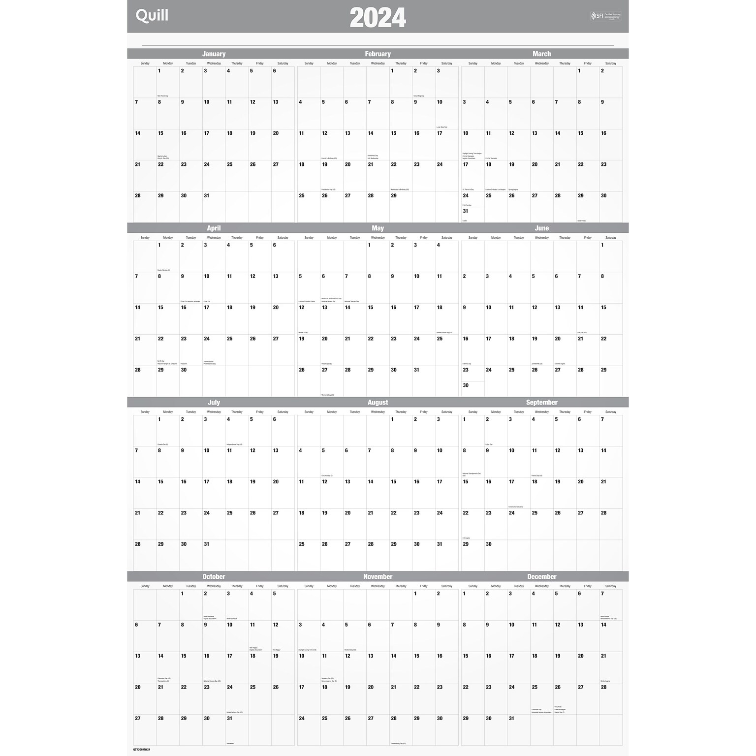 2024 Quill Brand® 24 x 36 Monthly Dry Erase Wall Calendar, Reversible, Gray (52169-24-QCC)