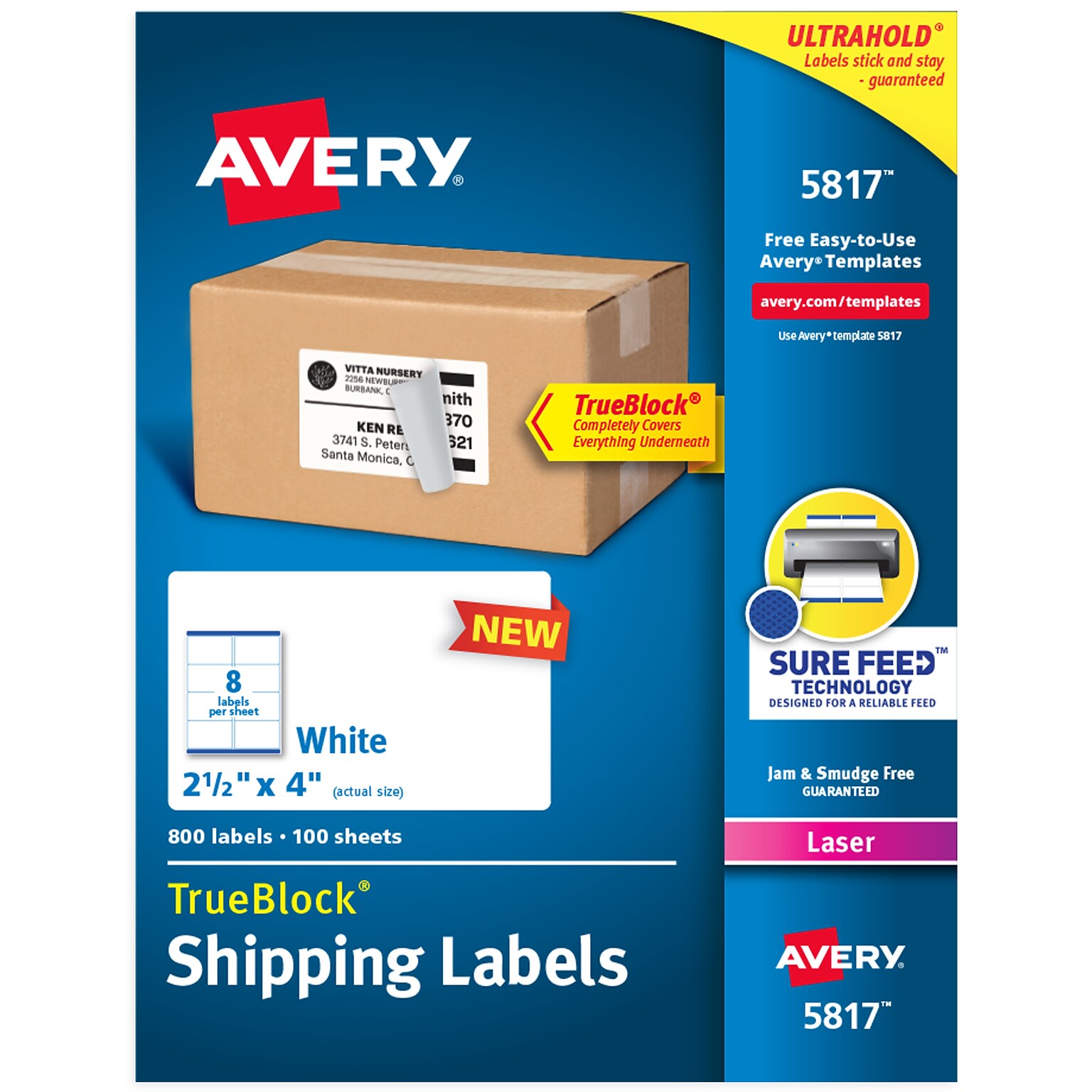 Avery TrueBlock Laser Shipping Labels, 2-1/2 x 4, White, 8 Labels/Sheet, 100 Sheets/Box, 800 Labels/Box (5817)