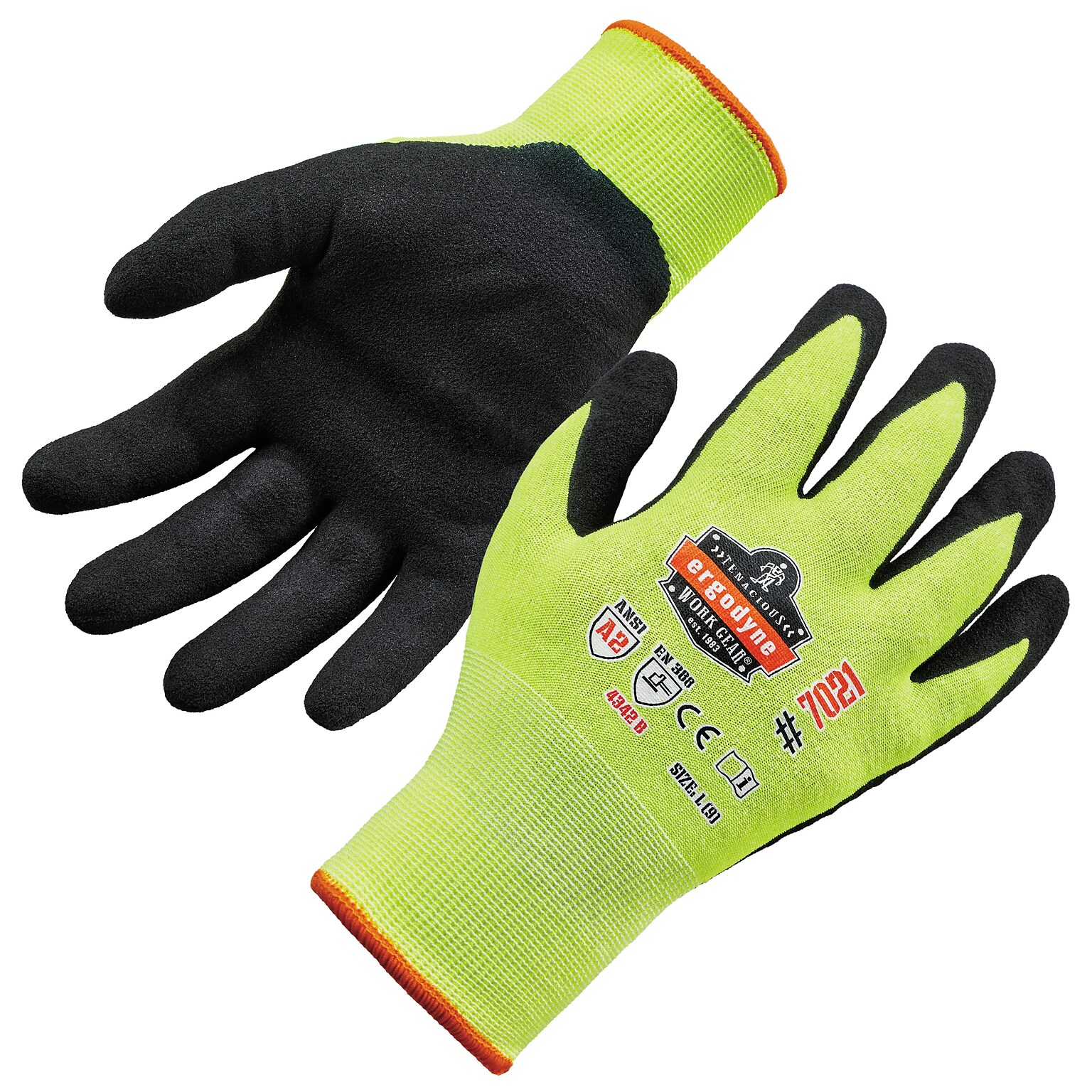 Ergodyne ProFlex 7021 Hi-Vis Nitrile Coated Cut-Resistant Gloves, ANSI A2, Wet Grip, Lime, Large, 1 Pair (17964)