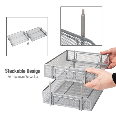 Mind Reader 2-Tier Stackable Paper Desk Tray, File Storage, Metal, Silver, 2/Pack (ESTACK2-SIL)