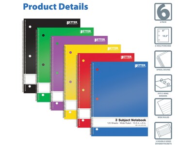 Better Office 3-Subject Notebooks, 8 x 10.5, Wide Ruled, 120 Sheets, 6/Pack (25636-6PK)