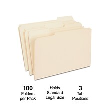 Quill Brand® Premium Reinforced File Folders, Assorted Tabs, 1/3-Cut, Legal Size, Manila, 100/Box (7