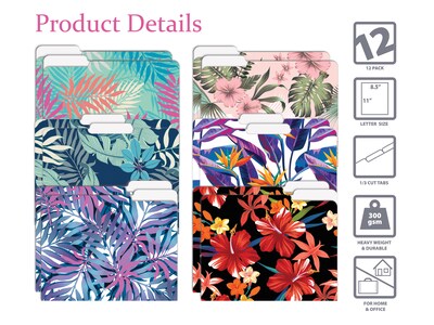 Better Office Tropical Floral Heavyweight File Folders, 1/3-Cut Tab, Letter Size, Assorted Colors, 12/Pack (80018-12PK)