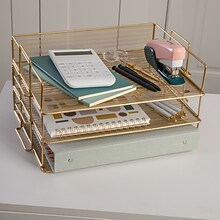 Martha Stewart Ryder 3-Tier Desk Letter Tray Organizer, Stackable Steel Mesh Inbox Tray, Gold (HHOHD
