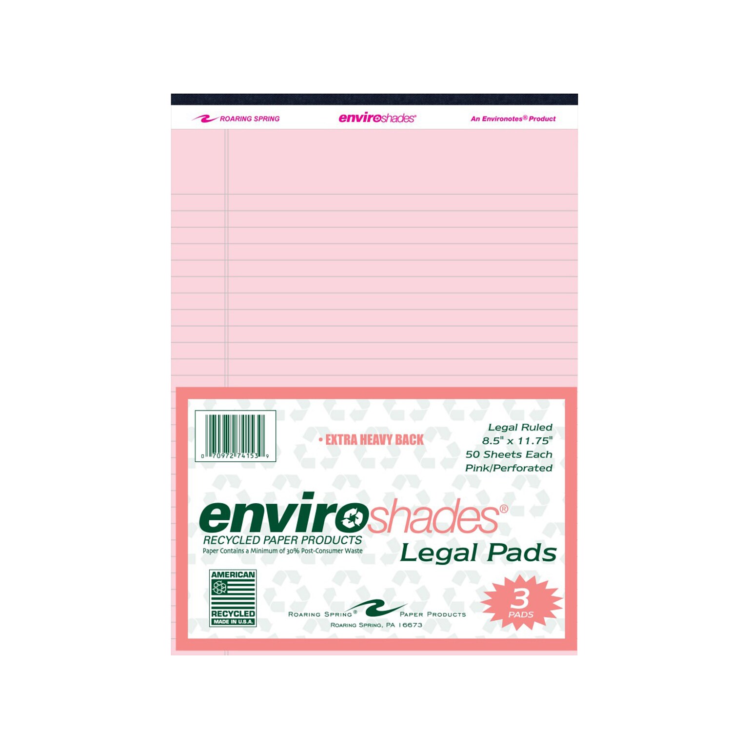 Roaring Spring Paper Products 8.5 x 11.75 Legal Pads, Recycled Pink Paper, 50 Sheets/Pad, 3 Pads/Pack (74153)