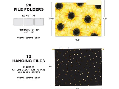 Global Printed Products Deluxe Designer Sunflower Hanging File Folder Kit, 1/3-Cut Tab, Letter Size, Assorted Colors