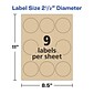 Avery Easy Peel Laser/Inkjet Round Labels, 2 1/2" Diameter, Kraft Brown, 9 Labels/Sheet, 25 Sheets/Pack, 225 Labels/Pack (22808)