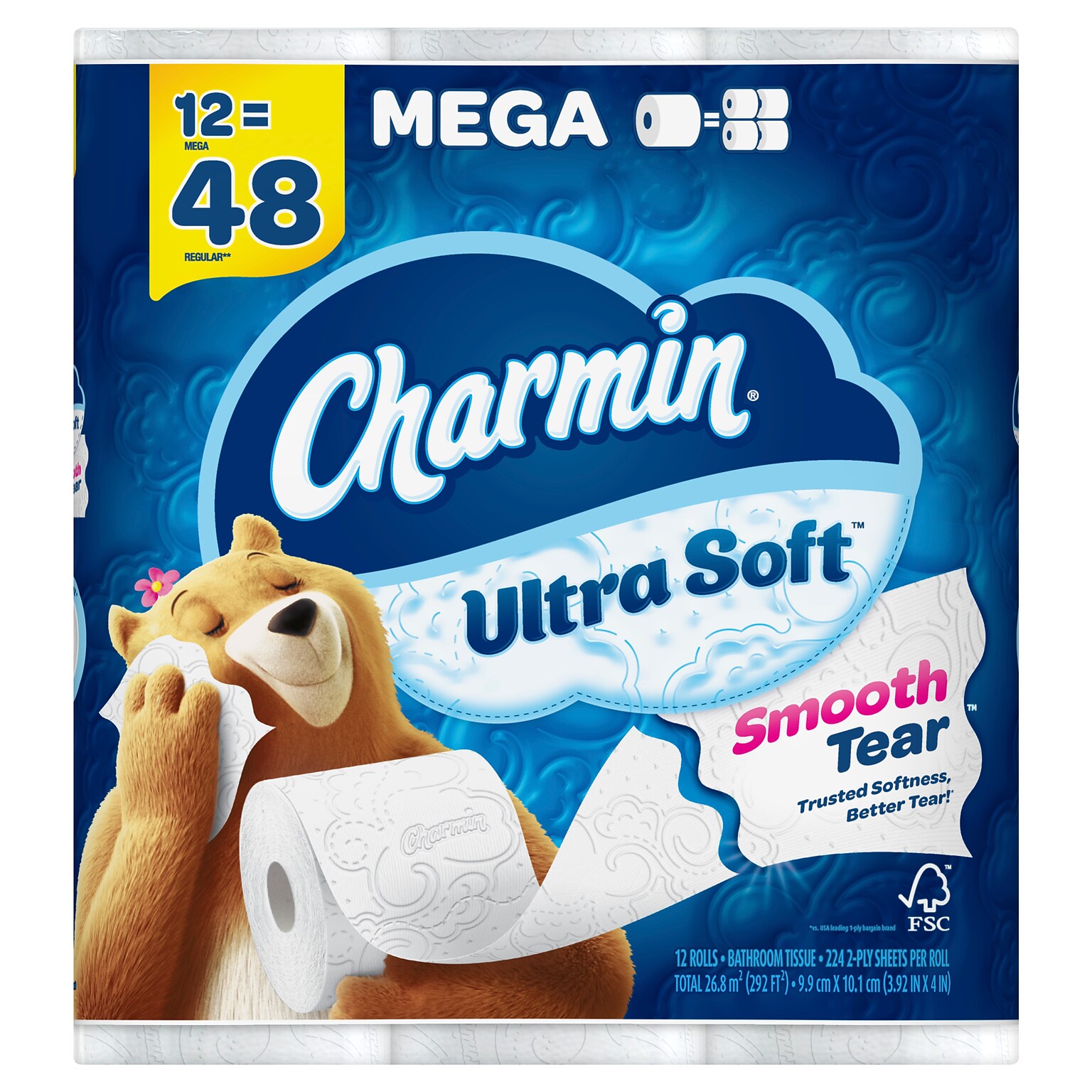 Charmin Ultra Soft Mega Toilet Paper, 2-Ply, White, 224 Sheets/Roll, 12 Rolls/Pack (61789)