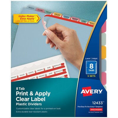 Avery Index Maker Plastic Dividers with Print & Apply Label Sheets, 8 Tabs, Multicolor, 5 Sets/Pack