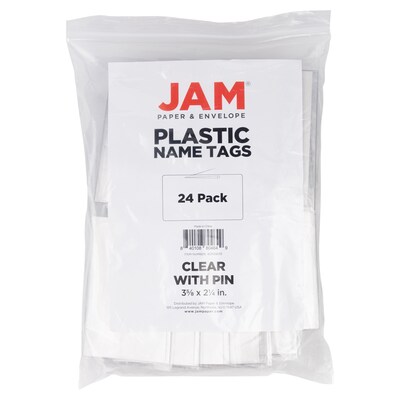 JAM PAPER Plastic Name Tags with Pin, 3 5/8" x 2 1/4", Clear, 24/Pack (401139015)