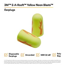 3M E-A-Rsoft Yellow Neon Blasts Earplugs, Uncorded, Poly Bag, Regular Size, 200 Pairs/Case (312-1252