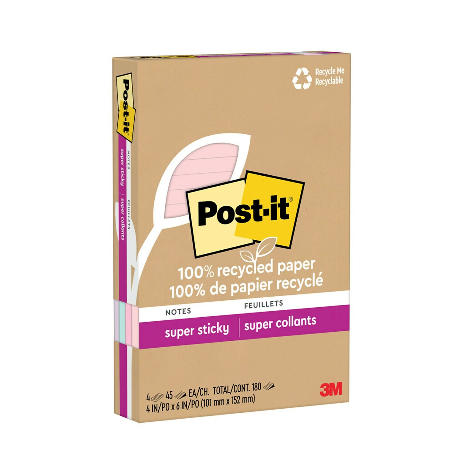 Post-it Recycled Super Sticky Notes, 4 x 6, Wanderlust Pastels Collection, 45 Sheet/Pad, 4 Pads/Pack (4621R-4SSNRP)