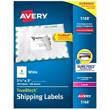 Avery TrueBlock Laser Shipping Labels, 3-1/2 x 5, White, 4 Labels/Sheet, 100 Sheets/Box (5168)