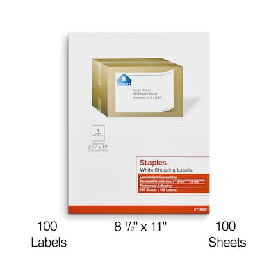 Staples® Laser/Inkjet Shipping Labels, 8 1/2" x 11", White, 1 Label/Sheet, 100 Sheets/Box (ST18062-CC)