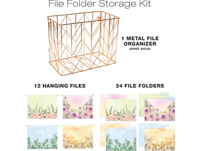 Global Printed Products Deluxe Designer Watercolor Floral Hanging File Folder Kit, 1/3-Cut Tab, Letter Size, Assorted Colors