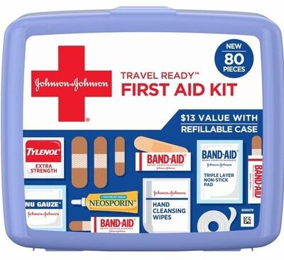 Johnson & Johnson Red Cross Travel Ready Portable Emergency First Aid Kit, 80 Pieces, Plastic Case (
