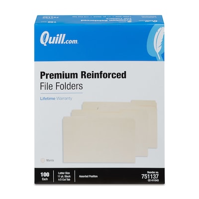 Quill Brand® Premium Reinforced File Folders, Assorted Tabs, 1/3-Cut, Letter Size, Manila, 100/Box (751137)