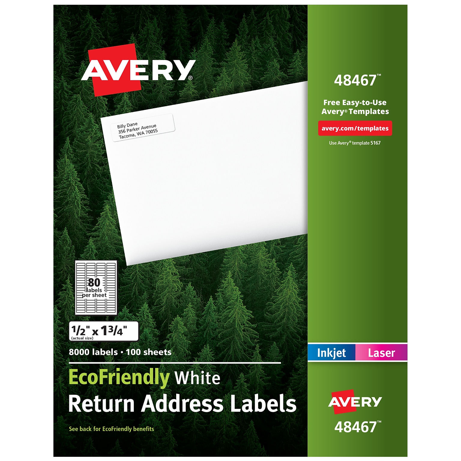 Avery EcoFriendly Laser/Inkjet Return Address Labels, 1/2 x 1-3/4, 80 Labels/Sheet, 100 Sheets/Pack (48467)