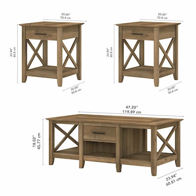 Bush Furniture Key West 47" x 24" Coffee Table with 2 End Tables, Reclaimed Pine (KWS023RCP)