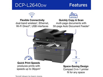 Brother DCP-L2640DW Wireless Compact Monochrome Multi-Function Laser Printer, Copy & Scan, Duplex, R