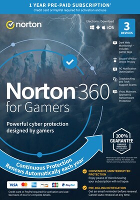 Norton 360 for Gamers for 3 Devices, Windows/Mac/Android/iOS, Download (21413621)