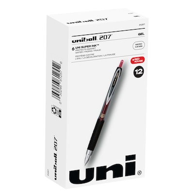uniball 207 Retractable Gel Pens, Micro Point, 0.5mm, Red Ink, Dozen (61257)
