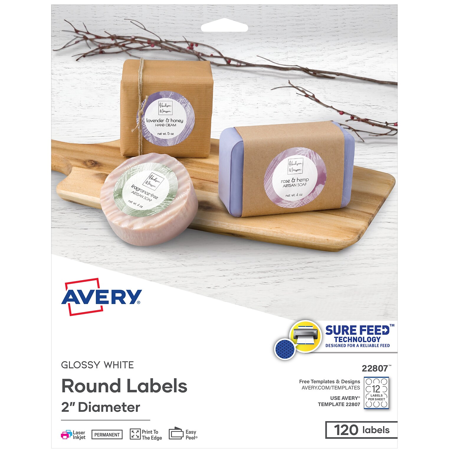 Avery Easy Peel Laser/Inkjet Round Labels, 2 Diameter, Glossy White, 12 Labels/Sheet, 10 Sheets/Pack, 120 Labels/Pack (22807)
