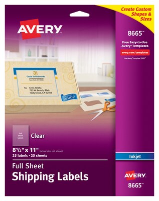 Avery Inkjet Shipping Labels, 8 1/2 x 11, Clear, 1/Sheet, 25 Sheets/Pack  (8665)