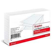 Staples Brand 3 x 5 Index Cards, Lined, White, 100/Pack (ST51013-CC)