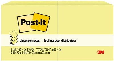 Post-it Pop Up Sticky Notes, 3 x 3 in., 6 Pads, 100 Sheets/Pad, Lined, The Original Post-it Note, Canary Yellow