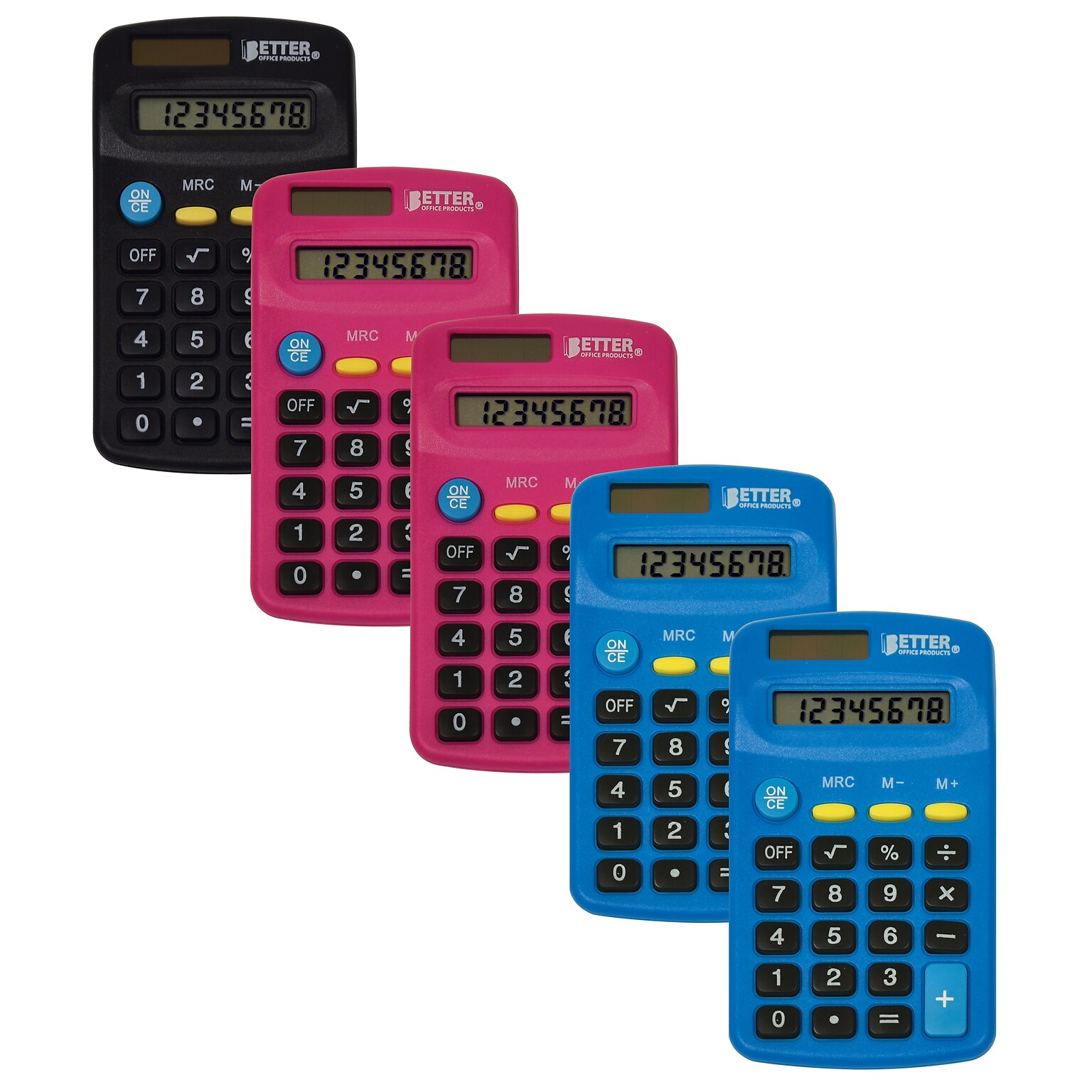 Better Office Products Pocket Size Mini Calculators, Dual Power Included AA Battery, Assorted Colors, 5/Pack (00402-5PK)
