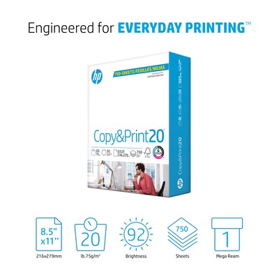 HP Copy&Print20 8.5 x 11 Multipurpose Paper, 20 lbs., 92 Brightness, 750 Sheets/Ream (200030)