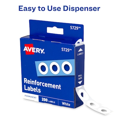 Avery Self-Adhesive Plastic Reinforcement Labels in Dispenser, 1/4" Diameter, Matte White, 200/Pack (5729)