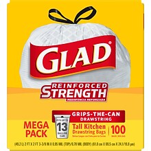 Glad Tall Kitchen Drawstring Trash Bags, 13 Gallon, White, Unscented, 100/Box (78374)