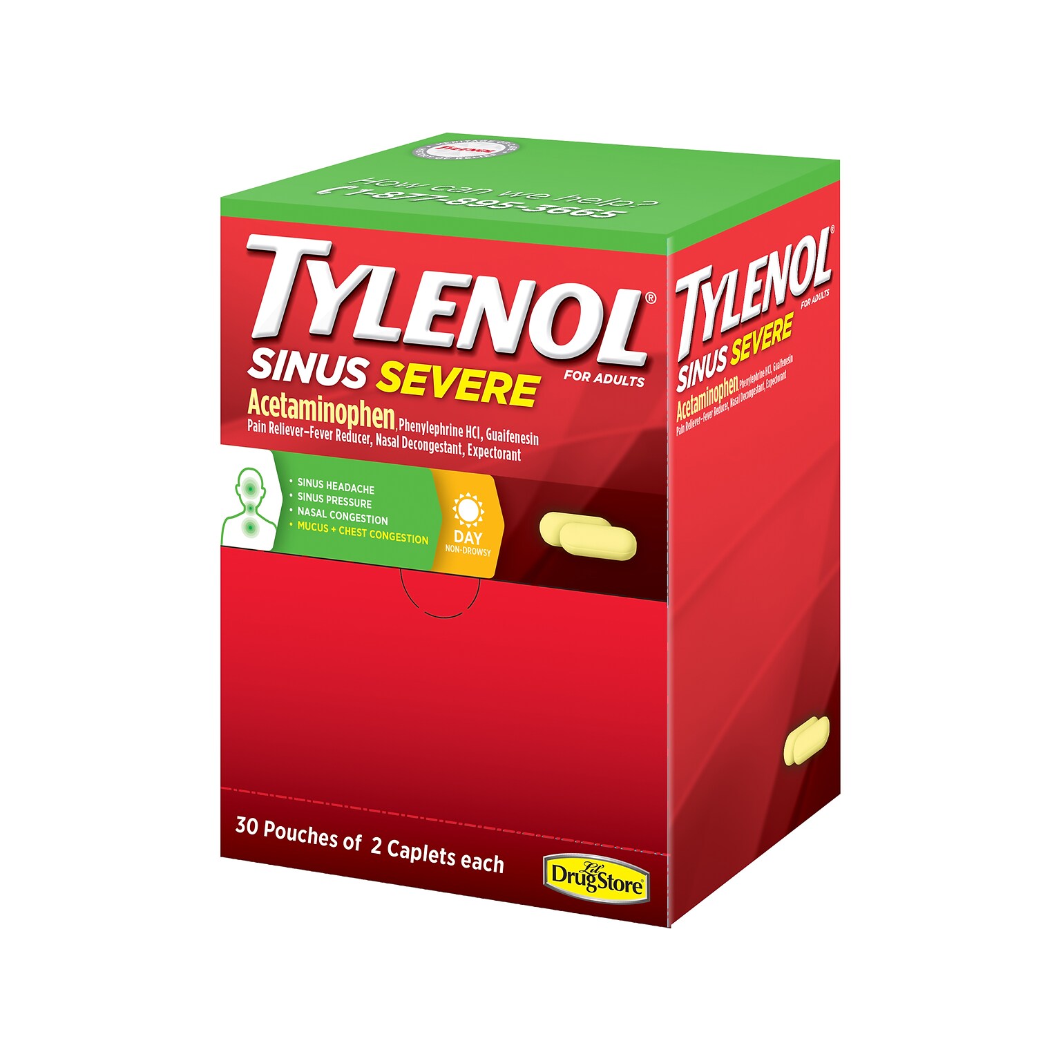 Tylenol Sinus Severe 325mg Acetaminophen Daytime Pain Reliever Caplet, 2/Pouch, 30 Pouches/Box (64578)