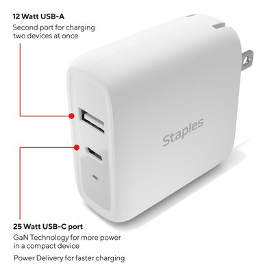 Staples® USB-C/USB-A Wall Charger, White (NX60449)