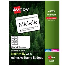 Avery EcoFriendly Laser/Inkjet Adhesive Name Badge Labels, 2 1/3 x 3 3/8, White, 400 Labels Per Bo