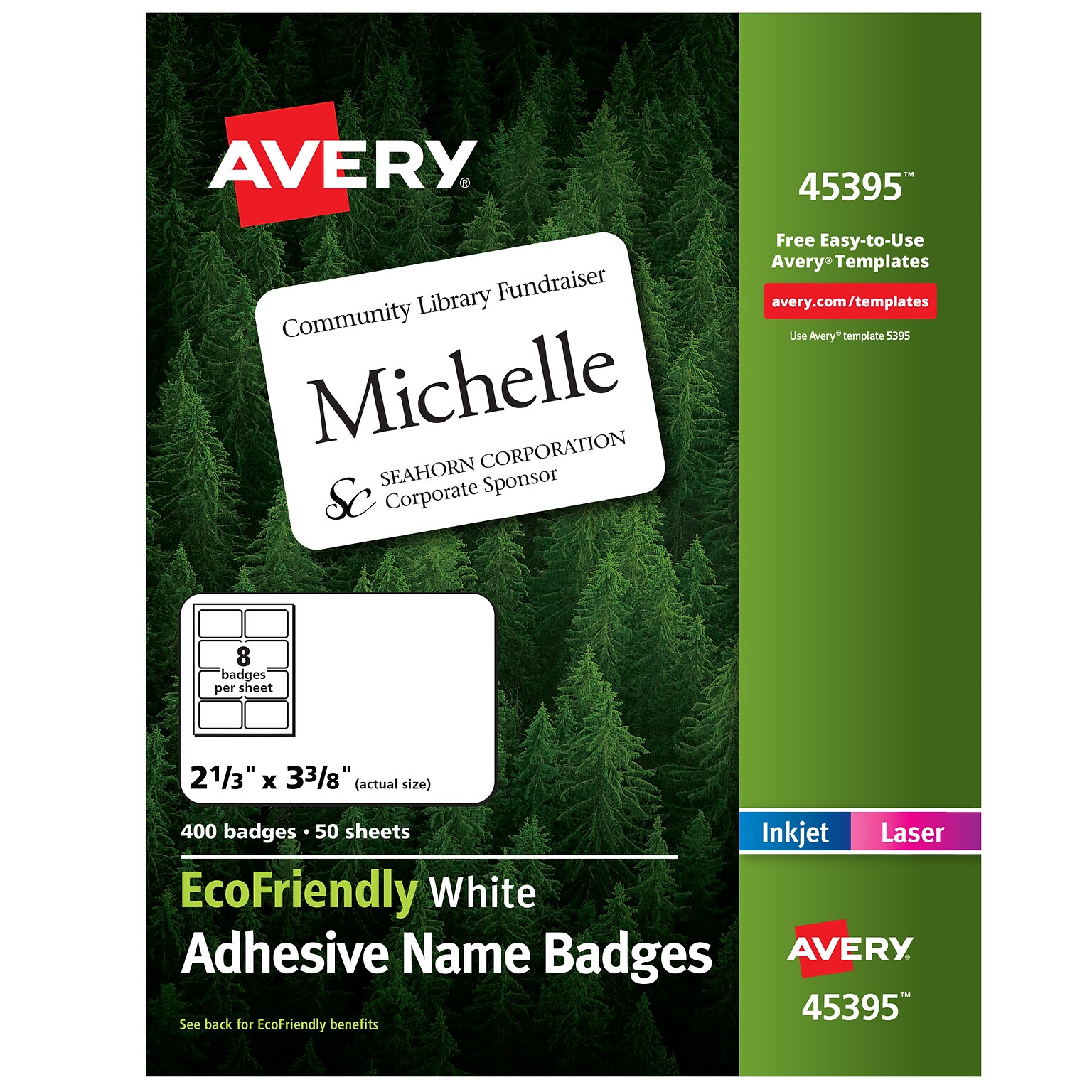 Avery EcoFriendly Laser/Inkjet Adhesive Name Badge Labels, 2 1/3 x 3 3/8, White, 400 Labels Per Box (45395)