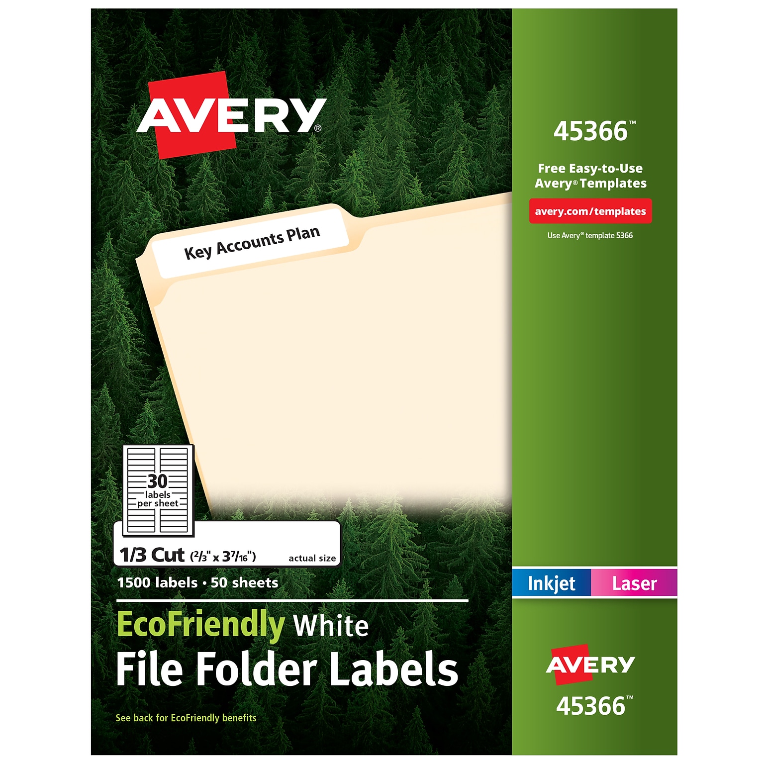 Avery EcoFriendly Laser/Inkjet File Folder Labels, 2/3 x 3 7/16, White, 30 Labels/Sheet, 50 Sheets/Box (45366)