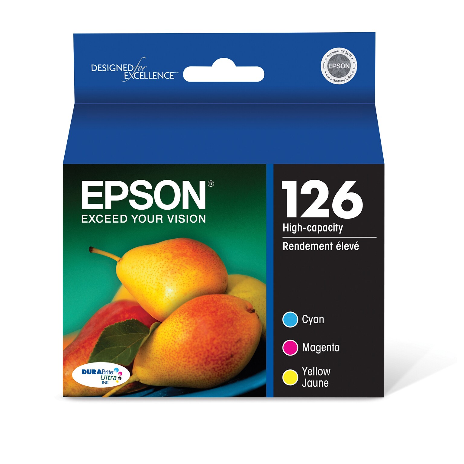 Epson T126 Cyan/Magenta/Yellow High Yield Ink Cartridge, 3/Pack  (T126520-S)