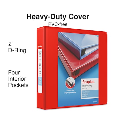 Staples® Heavy Duty 2" 3 Ring View Binder with D-Rings, Red (26348)