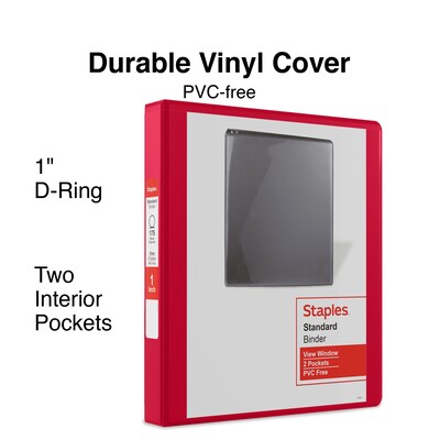Staples® Standard 1" 3 Ring View Binder with D-Rings, Red (58652)