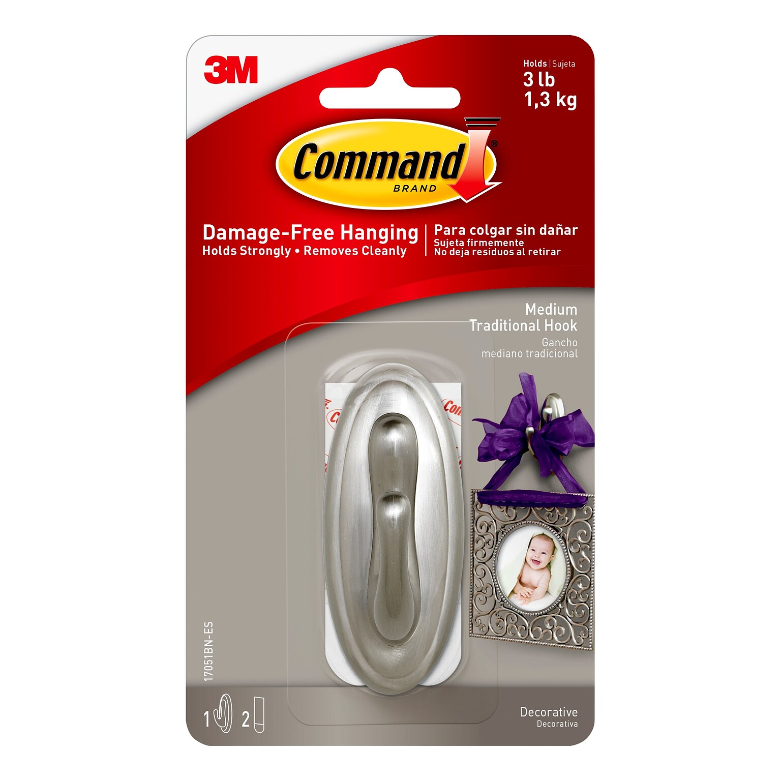 Command Medium Metallic Coated Hook, Brushed Nickel, 1 Hook, 2 Strips/Pack (17051BN-ES)