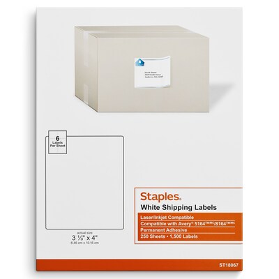 Staples® Laser/Inkjet Shipping Labels, 3 1/3 x 4, White, 6 Labels/Sheet, 250 Sheets/Pack, 1500 Lab