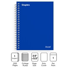 Staples Premium 1-Subject Notebook, 3.5 x 5.5, College Ruled, 200 Sheets, Blue (TR58289)