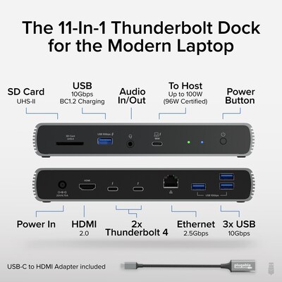Plugable Thunderbolt 4 & USB4 HDMI Docking Station, 96W, Silver/Black (TBT4-UDX1)