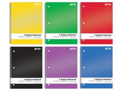 Better Office 3-Subject Notebooks, 8 x 10.5, College Ruled, 120 Sheets, 6/Pack (25736-6PK)