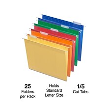 Staples Reinforced Box Bottom Hanging File Folders, 2 Expansion, 1/5-Cut Tab, Letter Size, Assorted